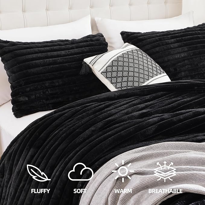 Smoofy Fluffy Full Size Comforter Sets 3 Pieces - Black Fleece Fluffy Comforter Set, Luxury Fuzzy Full Bed Set, Soft Comforter Full Size All Season, Heavy Faux Fur Comforter with 2 Pillow Cases