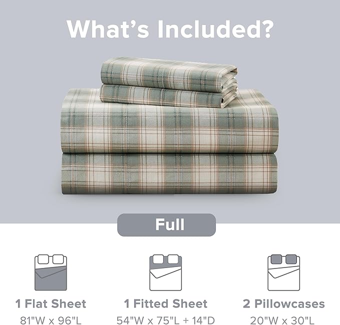 Comfort Spaces 100% Cotton Sheets Full, Breathable, Naturally Cool Cotton Sheets, Soft Cotton Bed Sheets with 14" Elastic Pocket Fits up to 16" Mattress, All Seasons Sheet Set, Wesley Green 4 Piece