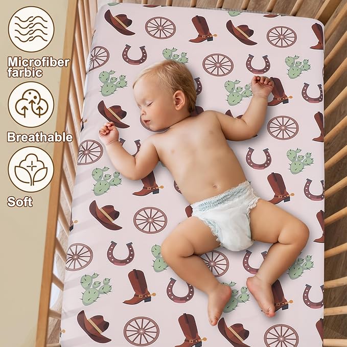 VitalCozy 4 Pcs Western Cowboy Crib Sheet Set Newborn Bedding Nursery Baby Sheets for Girl Boys Baby Gifts for Standard Crib and Toddler Mattresses, 52 x 28 x 8 Inches