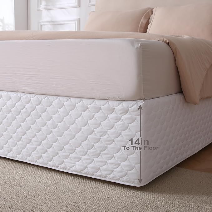 King Size White Bed Skirt with 14-Inch Drop, Easy Fit Wrap-Around Cover for Bed, Wrinkle-Free and Fade-Resistant Box Spring Cover.(White Seashells, King)