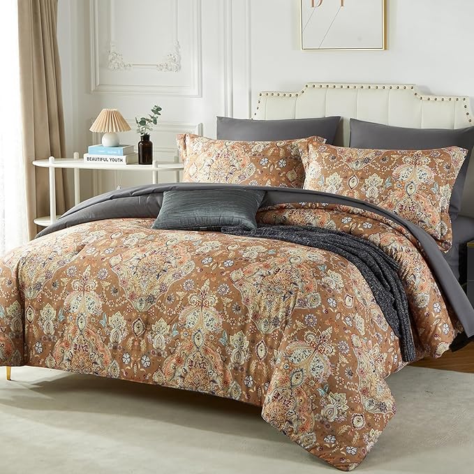 Cupocupa King Duvet Cover Set - 3pc Boho Paisley Floral Bedding - Vintage Botanical Leaf Print Soft Microfiber - All-Season Breathable Quilt Cover with Zipper & Corner Ties (King, 104"x90")