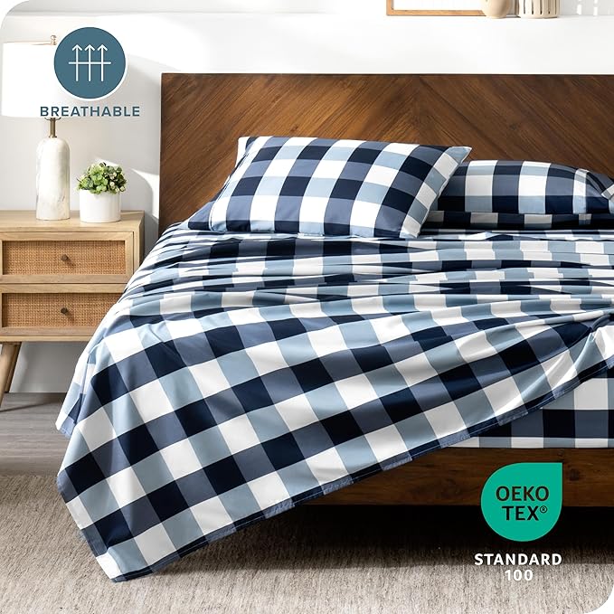 Bare Home Twin XL Sheet Set - College Dorm Size - Premium 1800 Ultra-Soft Microfiber Extra Long Sheets - Deep Pockets - Easy Fit - Extra Soft - 3 Piece Set - Bed Sheets (Twin XL, Gingham Blue)