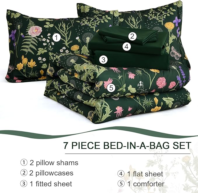 Yiran King Size Comforter Set 7 Piece, Dark Green Floral Bedding Set, Bed in a Bag King with Botanical Flowers Pattern, Soft Microfiber Complete Bedding Set with Sheets for All Season