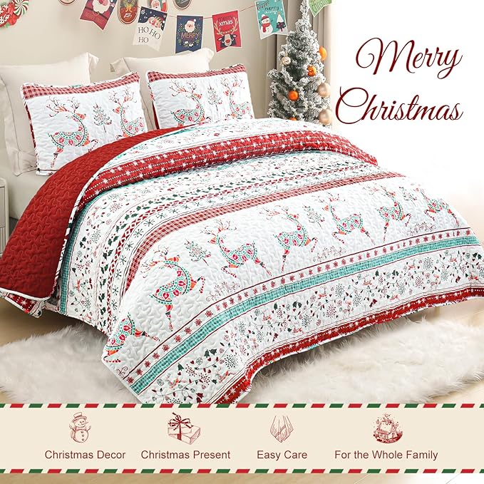 Exclusivo Mezcla Reversible Christmas Quilts Queen Size, Red Bedspread Lightweight Coverlet Winter Quilt Bedding Set with Printed Striped Flowers Reindeer Pattern (1 Quilt, 2 Pillow Shams)