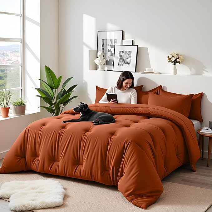 Twin Comforter Set 5 Piece - Soft Bed in a Bag Queen Size Comforter Sets, Cozy Luxury Bedding Sets with All Season Comforter, Flat Sheet, Fitted Sheet,Pillowcases & Shams, Orange