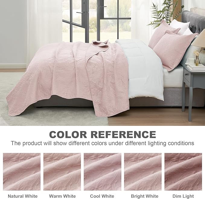 Hansleep Pink Quilt Queen Size - Baroque Ultrasonic Summer Bedspread Queen, Soft Lightweight Coverlet Bedding Set, 3 Pieces (1 Quilt, 2 Pillow Shams)