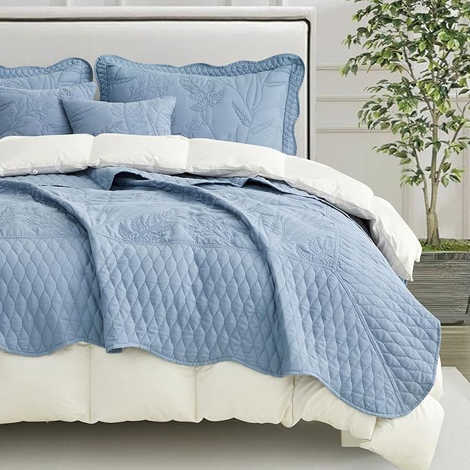 Botanical Oversized Bedspread King Size - Leaves Pattern Stitching Quilt Set - Elegant & Fresh Style Bedding Coverlets, Reversible, Lightweight, 5 Piece, Ashley Blue
