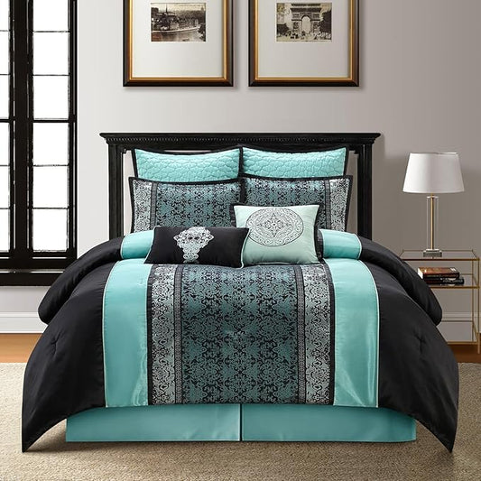 Grand Avenue Black & Teal Comforter Set King, Classic Jacquard Bedding Sets, Faux Silk, Premium Microfiber, 8 Pieces Bed in a Bag, Embroidered Pillows