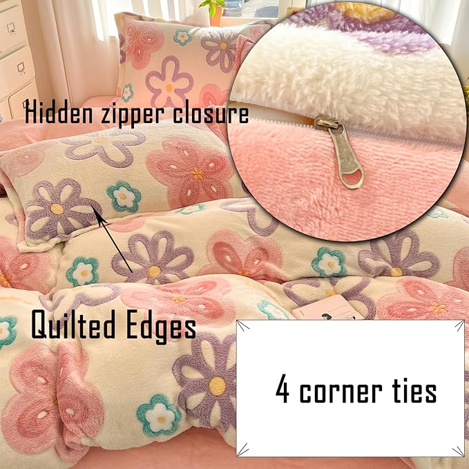 MorroMorn Twin Bedding Sets, Pink Floral Duvet Cover Set, Fluffy Comforter Covers, Colorful Flowers Blanket Ultra Soft Kawaii Cute for Girls Toddler Kids Teen Women Twin/Twin XL Size