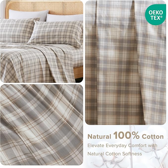Comfort Spaces 100% Cotton Sheets Full, Breathable, Naturally Cool Cotton Sheets, Soft Cotton Bed Sheets with 14" Elastic Pocket Fits up to 16" Mattress, All Seasons Sheet Set, Wesley Taupe 4 Piece