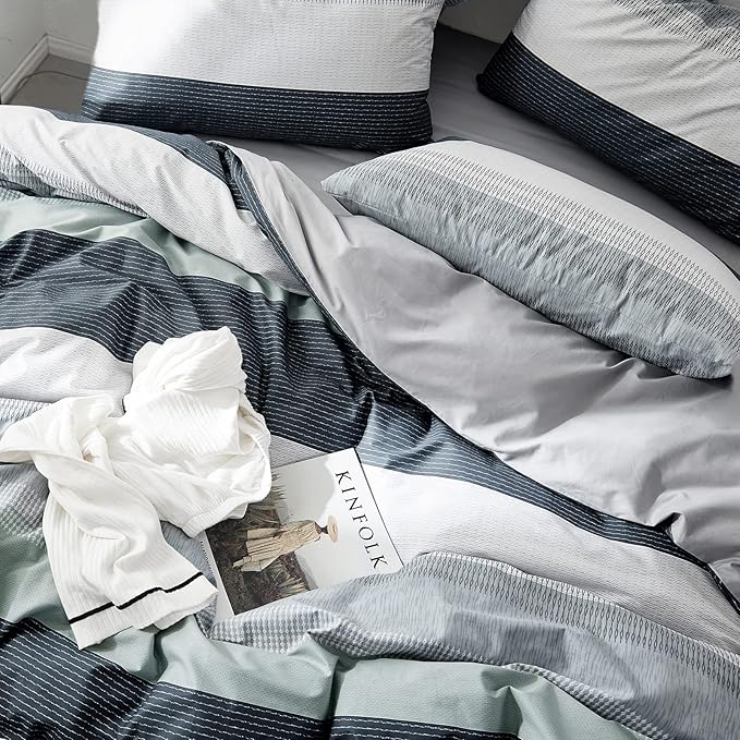 VM VOUGEMARKET Striped Bedding Duvet Cover Set King,3 Pieces Gray Blue Duvet Cover Sets,100% Cotton Modern Simple Comforter Cover with Zipper-King,Martin