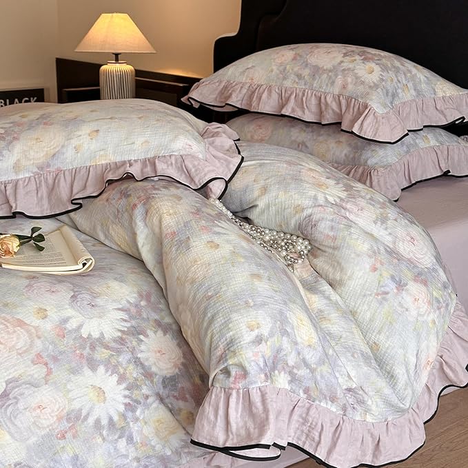 HighBuy Ruffle Floral Linen Duvet Cover Twin Size,Chic Cottagecore Pure French Yarn-Dyed Cotton Linen Comforter Cover Set 3 Piece Coquette Farmhouse Bedding for Teen College,Breathable Durable