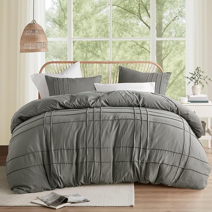 Comfort Spaces Grey Queen Size Duvet Cover Set - 3 Pieces Pintuck Pleated Duvet Cover, All Season Lightweight, Extra Softness Pre-Washed Microfiber Bedding Cover Shams, Full/Queen