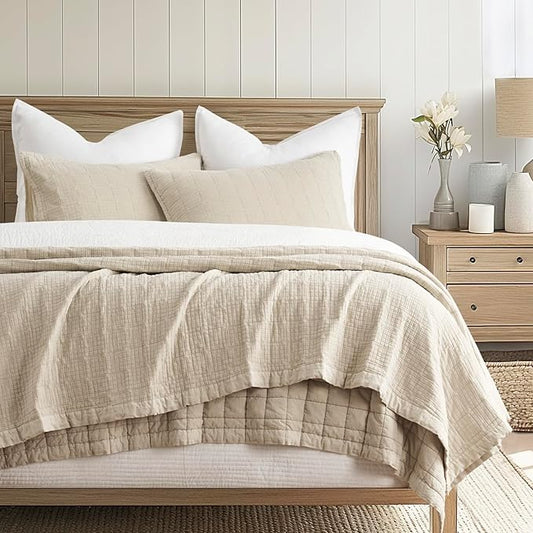 EVERGRACEHOME Stonewashed Cotton Quilt Set Full Queen Size, Ultra Soft Oversized Bedspread Coverlet Set, Lightweight Crinkle Box Stitch Bedding Sets for All Season, with 2 Shams, Flax Beige