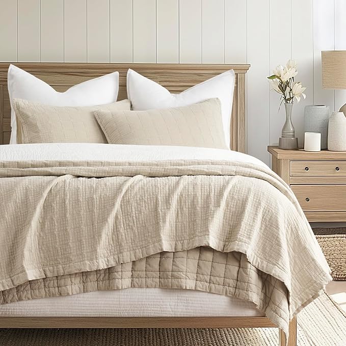EVERGRACEHOME Stonewashed Cotton Quilt Set King Size, Ultra Soft Oversized Bedspread Coverlet Set, Lightweight Crinkle Box Stitch Bedding Sets for All Season, with 2 Shams, Flax Beige
