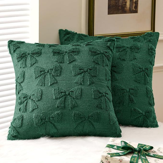 MIULEE Dark Green Bow Pillow Covers Coquette Room Decor Aesthetic Set of 2 Decorative Cute Girl Valentine Throw Pillow Soft Plush Faux Pillowcase for Preppy Room Decor Bedroom Couch,18x18 Inch