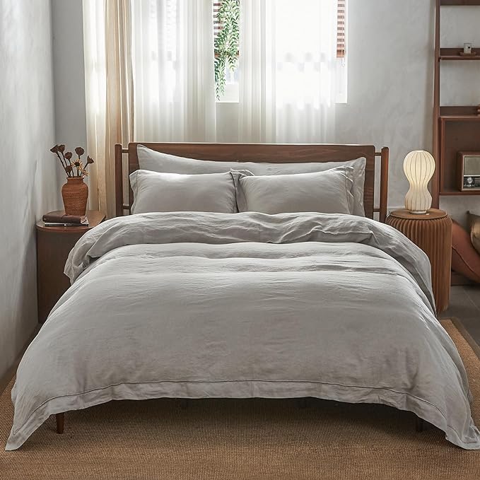 Simple&Opulence 100% Washed Linen Duvet Cover with Embroidered, 3 Pieces Soft Farmhouse Comforter Set with Button Closure,1 Duvet Cover and 2 Pillowshams(Full,Light Grey)