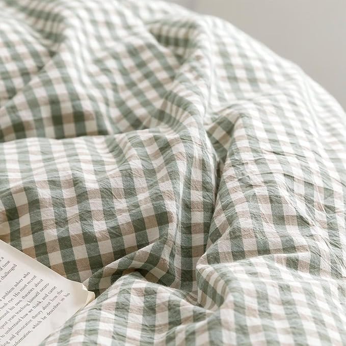 mixinni Green Ruffle Duvet Cover King Size 3 Pieces – 100% Washed Cotton, Vintage Plaid Ruffled Bedding Set with Zipper Ties, Soft Checkered Grid Farmhouse Chic Comforter Cover Set