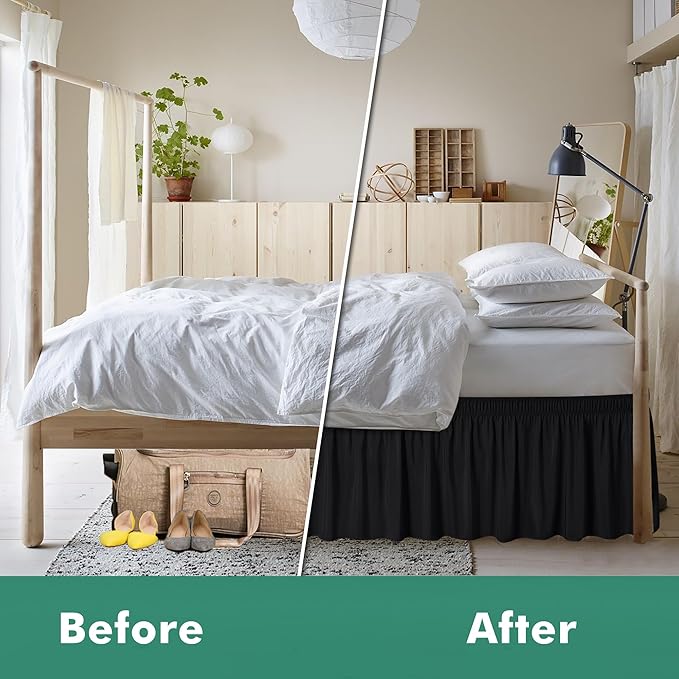 Biscaynebay Wrap Around Bed Skirts with Split Corners for Full Beds 17" Drop, Black Elastic Dust Ruffles Easy Fit Wrinkle & Fade Resistant Silky Luxurious Fabric Solid Machine Washable