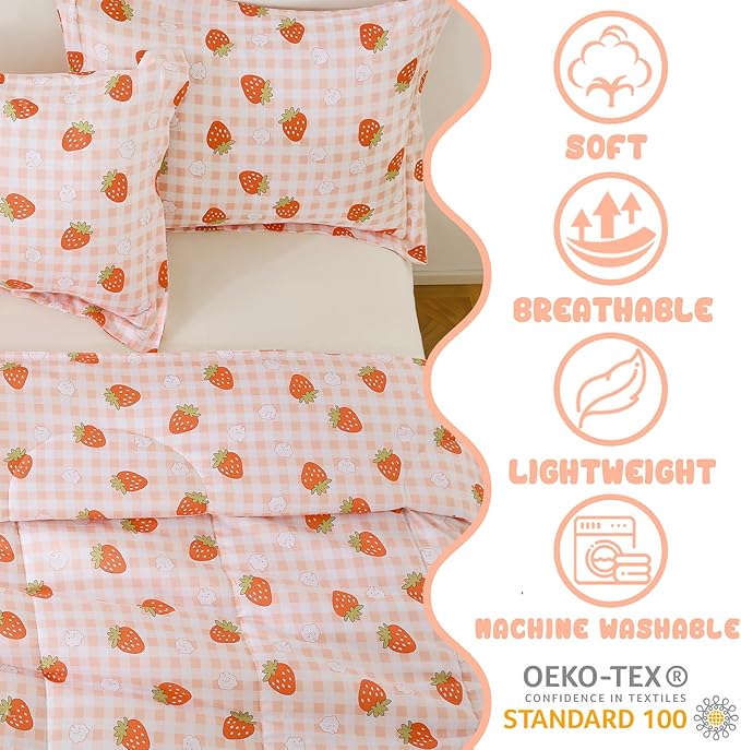 Yibeizi Strawberry Comforter Set for Girls Full Size, Kids Pink Checkered Patterned Bedding Set with Pillow Sham, Cute Lightweight Soft Breathable Machine Washable Quilt Bed Comforter Set 3 Piece