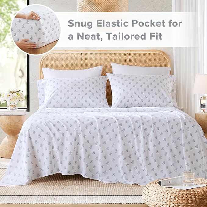 Comfort Spaces 100% Cotton Sheets King, Breathable, Naturally Cool Cotton Sheets, Soft Cotton Bed Sheets with 14" Elastic Pocket Fits up to 16" Mattress, All Seasons Sheet Set, Floral Blue 4 Piece