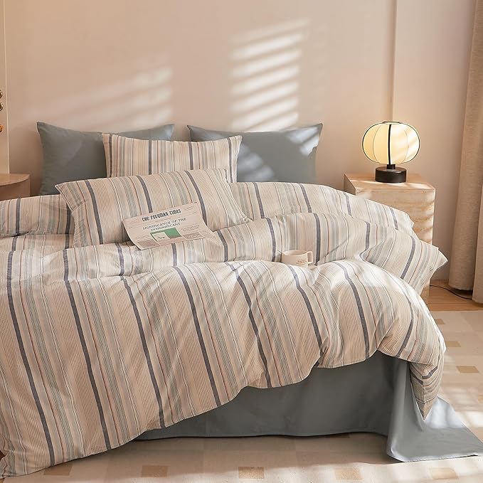 Striped Duvet Cover Set Twin, 3 Pieces Blue White Stripes Pattern Printed Comforter Cover, 100% Washed Cotton Striped Bedding Set, Soft Breathable Twin Duvet Cover with Zipper Closure & Corner Ties