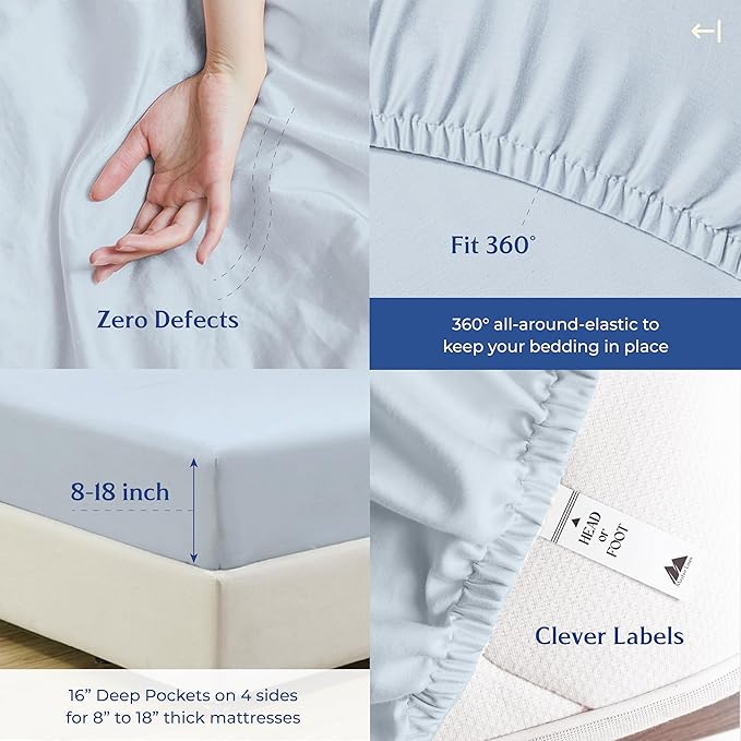 Mayfair Linen 100% Organic Cotton Sheets Queen Size - 4 PC Organic Cotton Queen Size Percale Weave Sheet Set, Soft, Cooling, Crisp & Breathable, 16" Deep Pocket Hotel Quality Bedding Set - Light Blue