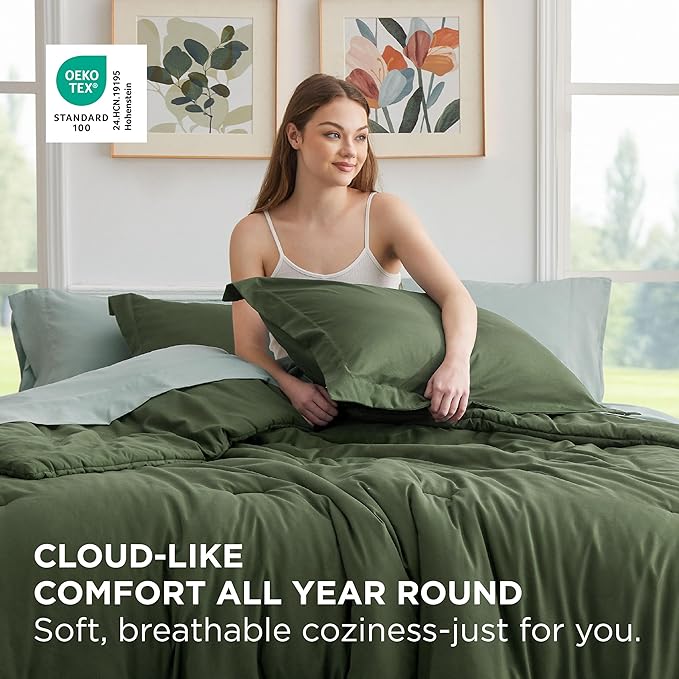 Bedsure King Size Comforter Set - 7 Pieces Olive Green King Bedding Set for All Seasons, Boho Contrasting Design Bed in a Bag with Comforter, Sheets, Pillowcases & Shams
