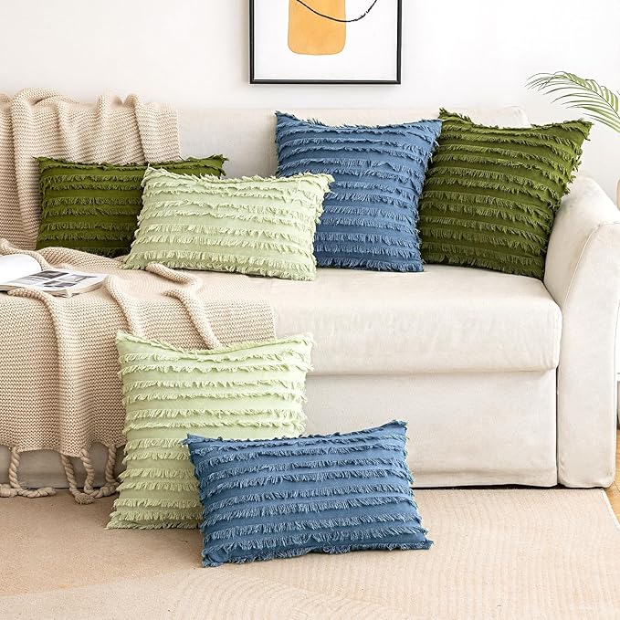 MIULEE Set of 2 Decorative Boho Throw Pillow Covers Linen Striped Jacquard Pattern Cushion Covers for Sofa Couch Living Room Bedroom 12x20 Inch Dark Blue