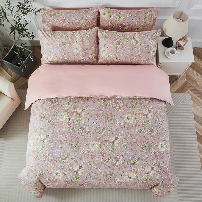 URBONUR Full Duvet Cover Set Soft 100% Cotton Floral Bedding Sets Blush Pink Wildflower Comforter Cover, Button Closure and Corner Ties (3Pcs, Vintage Floral, Full)