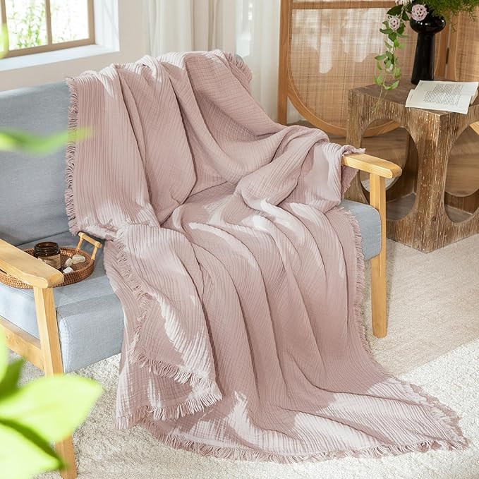 MooMee Muslin Blanket - 100% Cotton 4-Layer Gauze Throw Blanket with Tassels Ultra-Soft Breathable Lightweight Cooling for Bed Couch (Greyish Pink,Super King 108" x 98")