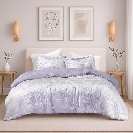 Comfort Spaces Juliette Luxe Comforter Set Velvet Lush with Soft Brushed Microfiber Reverse, All Season Cozy Velvet Bedding Sets, Fluffy Comforter Bed Set, Matching Sham, Purple King 3 Piece