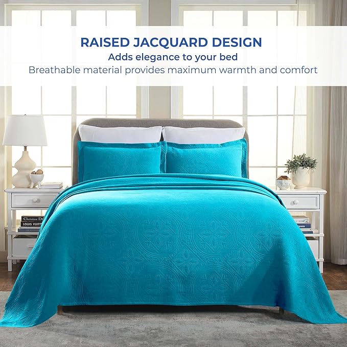 Superior 2 Piece Celtic Circles Cotton Bedspread Set, Decorative Bed Spread, Home Bed Decor, 1 Pillow Sham, Medium Weight Blanket, Matelasse Coverlet Bedding, Wedding Ring Design, Queen, Peacock Blue