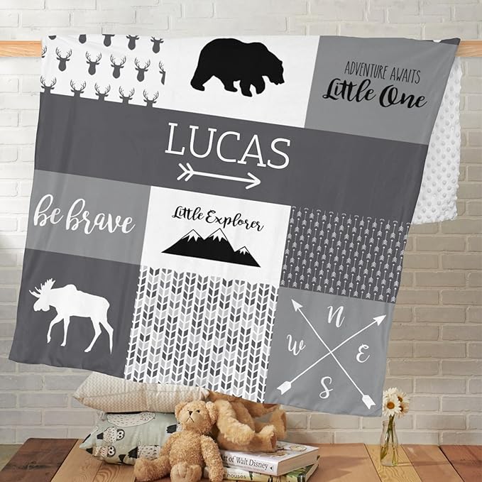 Custom Micro Fleece Baby Blanket for Boys with Double Layer, Breathable and Soft Lightweight Receiving Blanket for Newborns, 35x45 Inches, Woodland Bear, Gray