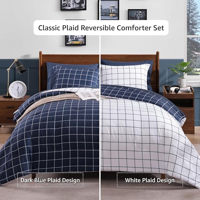 Plaid Full Size Comforter Set Dark Blue, Reversible Checkered Bedding Set 7 Pieces for Boys Girls Teen, Lightweight Bed in a Bag for Dorm with Sheets, Pillowcases & Shams