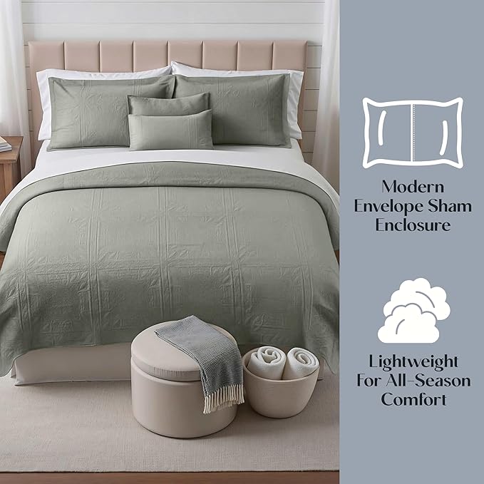 Hearth & Harbor Twin Quilt Set – All-Season Lightweight Bedspread & Coverlet with Pinsonic Weave - 5 Piece Twin Quilt Set with Pillow Shams, London Fog - Twin Grid