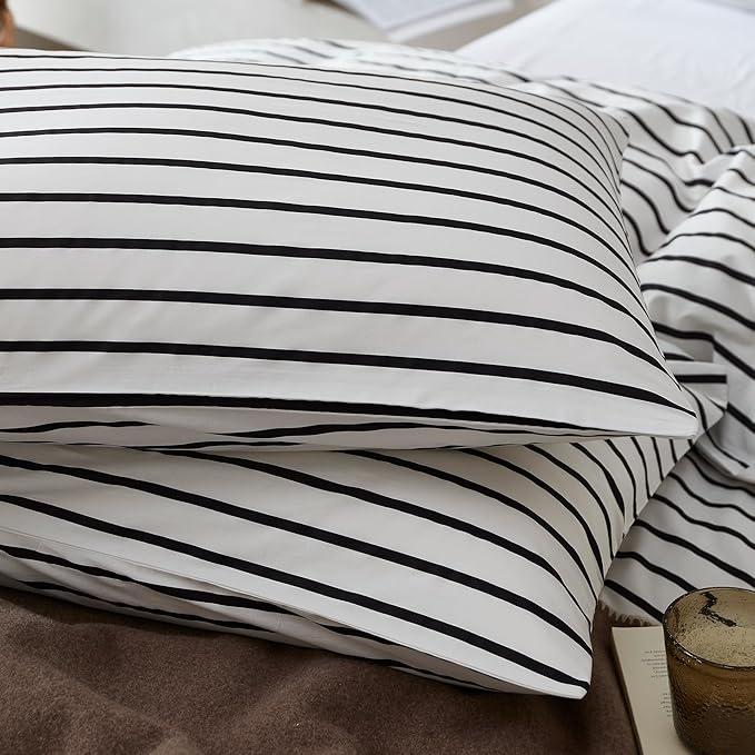 JELLYMONI 100% Natural Cotton 3pcs Striped Duvet Cover Sets, White Duvet Cover with Thick Black Stripes Pattern Printed Comforter Cover, with Zipper Closure & Corner Ties(King Size)