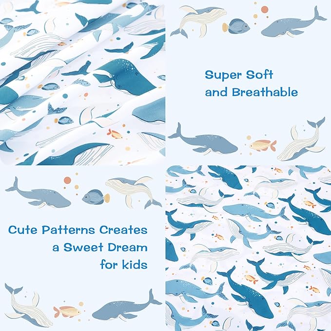 Kids Sheet Set Twin Size, Twin Sheet Set with Marine Whales Pattern，Breathable Silky Soft Microfiber Kids Fitted Sheet