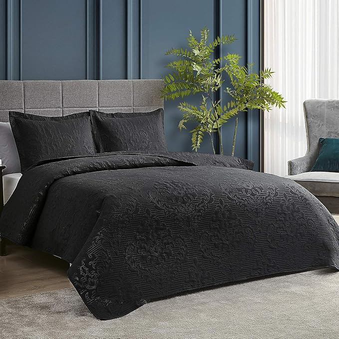 Hansleep Black Quilt King Size - Damask Ultrasonic All Season Bedspread King, Soft Lightweight Coverlet Bedding Set, 3 Pieces (1 Quilt, 2 Pillow Shams)