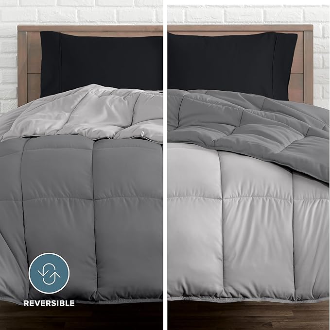 Bare Home Reversible Bed-in-A-Bag Comforter & Sheet Set - Twin - Down Alternative - Soft - Bedding Set (Twin, Grey/Light Grey, Black)