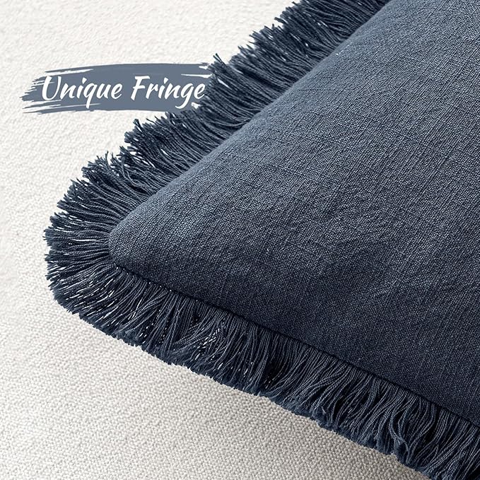 MIULEE Decorative Throw Pillow Covers Neutral Linen Fringe Throw Pillows Set of 2 Indigo Blue Boho Farmhouse Cushion Covers Coastal Decor for Couch Sofa Bed Living Room Spring Decor 12x20 Inch