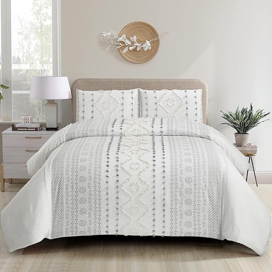 Style Quarters 2pcs Twin Duvet Cover Set Creamy Boho Tufted Duvet Cover Set Polycotton Bedding Set for Dormitory with Clipped Jacquard Stripe Twin Size Comforter Cover Sets