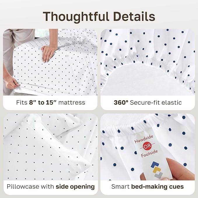 California Design Den Deep Pocket Twin Sheets Set - 400 Thread Count Sateen, Natural 100% Cotton Sheets, and Durable Bedding Set - Polka Dot