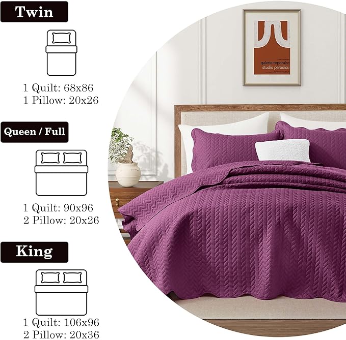 IR Imperial Rooms 8 Pack California King Quilt Bedding Set (118"x106") - Bulk Wholesale for Hotels, Guest Bedroom & Airbnbs - Lightweight Microfiber Reversible Embossed Quilts Bedspread (Purple)