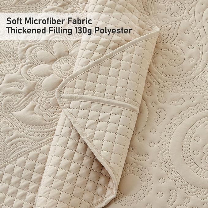 Qucover Oversized King Bedspreads 128x120, Soft Microfiber Ultrasonic Quilting Paisley Pattern California King Quilt Sets Oversized, 3 Piece Oversized Coverlet Bedding, Beige