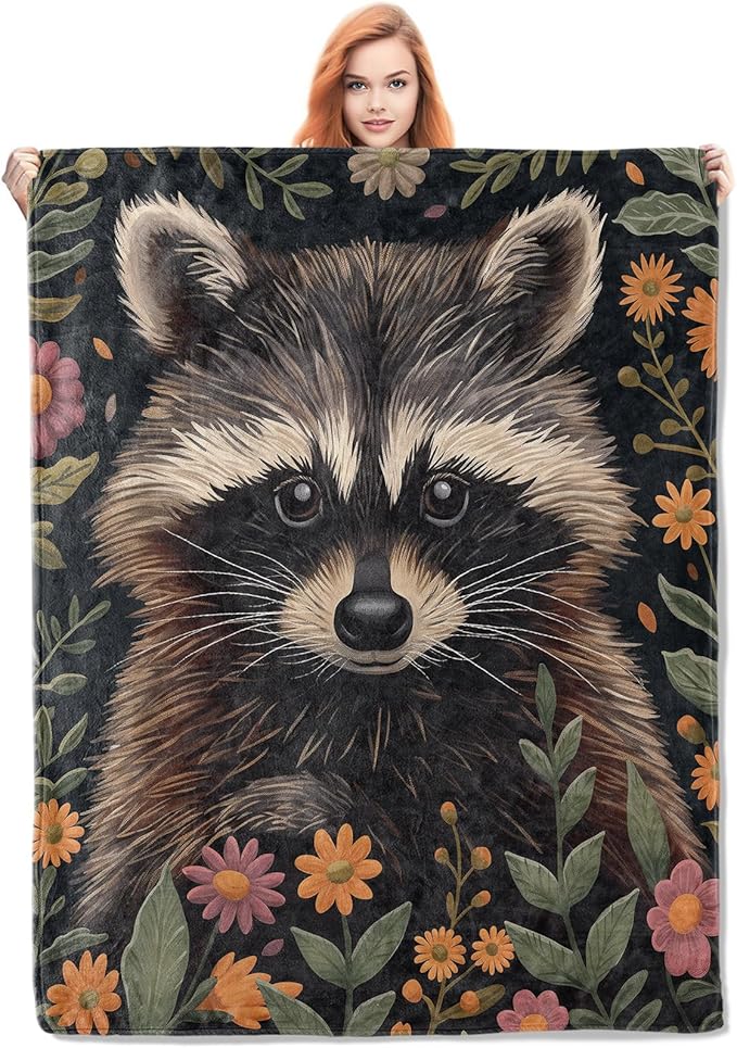 Raccoon Floral Flannel Blanket, Wildlife and Botanical Soft Lightweight Throw Blankets Gifts for Women,60" x 80" Perfect for Couch Bed Home Travel Decor