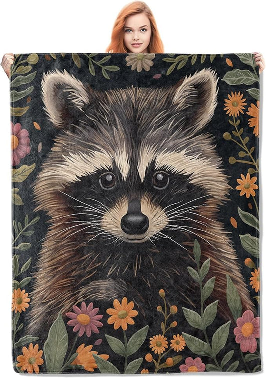 Raccoon Floral Flannel Blanket, Wildlife and Botanical Soft Lightweight Throw Blankets Gifts for Women,60" x 80" Perfect for Couch Bed Home Travel Decor