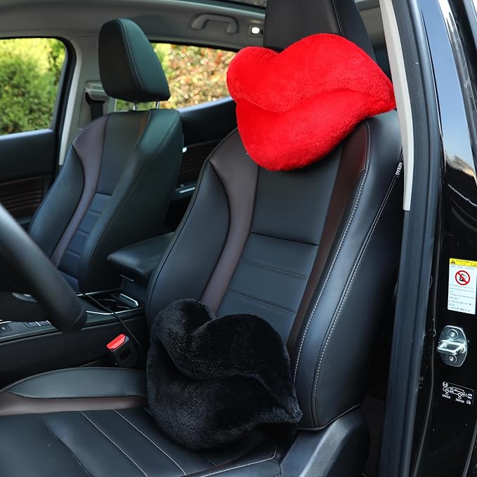 Sexysamba 2 Pack Lip Shaped Car Headrest Pillow, Comfortable Soft Head Rest Cushion Kawaii Car Accessories Cute Car Neck & Seat Pillow for Driving Travelling Office Home Decor - Black Lip