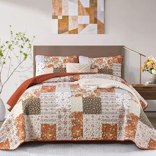 Patchwork Quilts Set King Size 3 Pieces Terracotta Plaid Bedspread Coverlet Set, Bohemian Farmhouse Brown Patchwork Quilt Bedding Set for All Season, Reversible Lightweight Bed Cover for All Season