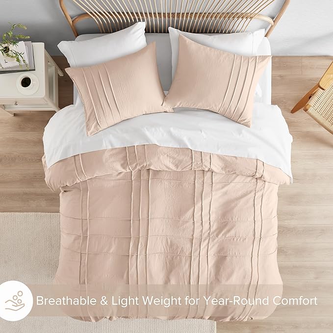 Comfort Spaces Blush King Size Duvet Cover Set - 3 Pieces Pintuck Pleated Duvet Cover, All Season Lightweight, Extra Softness Pre-Washed Microfiber King Bedding Cover Shams